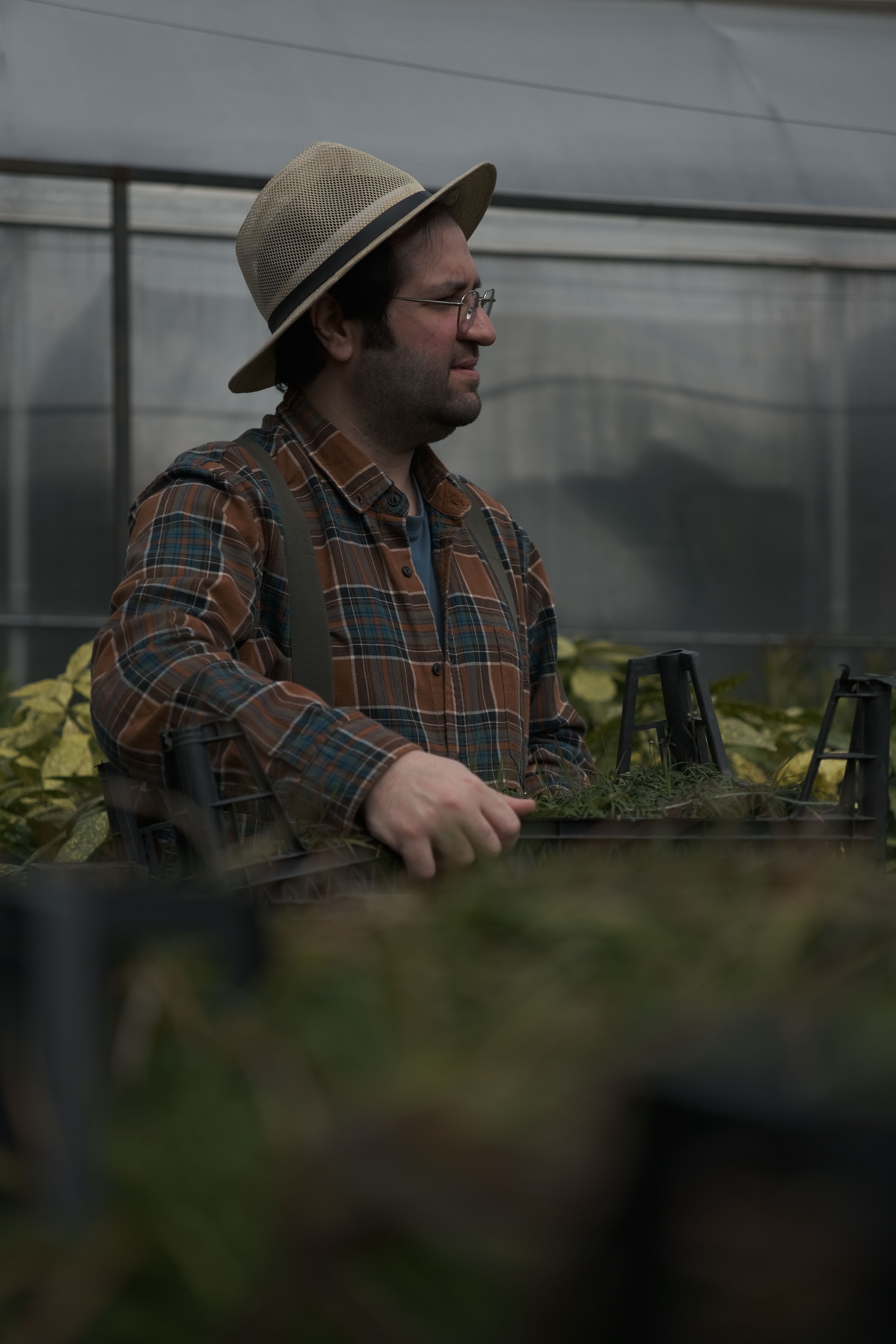Man in a plaid shirt and hat working inside a greenhouse surrounded by plants.