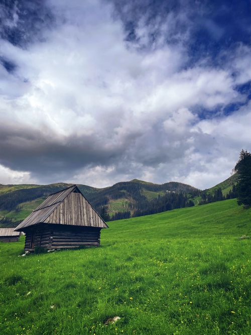 Free Picturesque landscape with wooden cabin in the lush green hills of Zakopane, Poland. Stock Photo