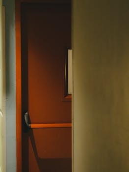 Photograph of an orange door with crash bar in a dimly lit indoor setting, emphasizing its modern design.