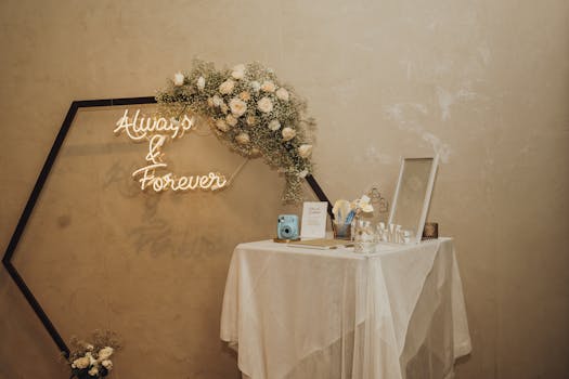 A stylish wedding reception setup featuring a floral arrangement, neon sign, and elegant table decor.
