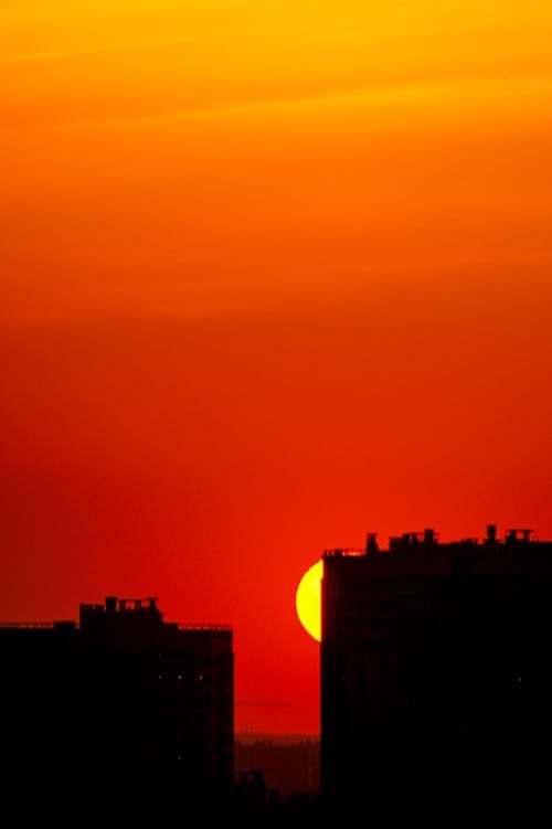 Silhouetted Buildings in City at Sunset 