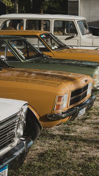 A collection of vintage cars parked outdoors on a sunny day, showcasing automotive history.