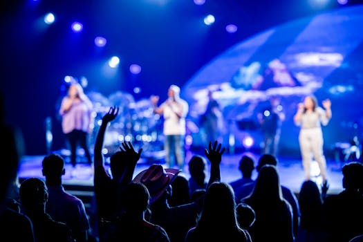 A lively concert scene with a vibrant audience engaging with live music on stage.