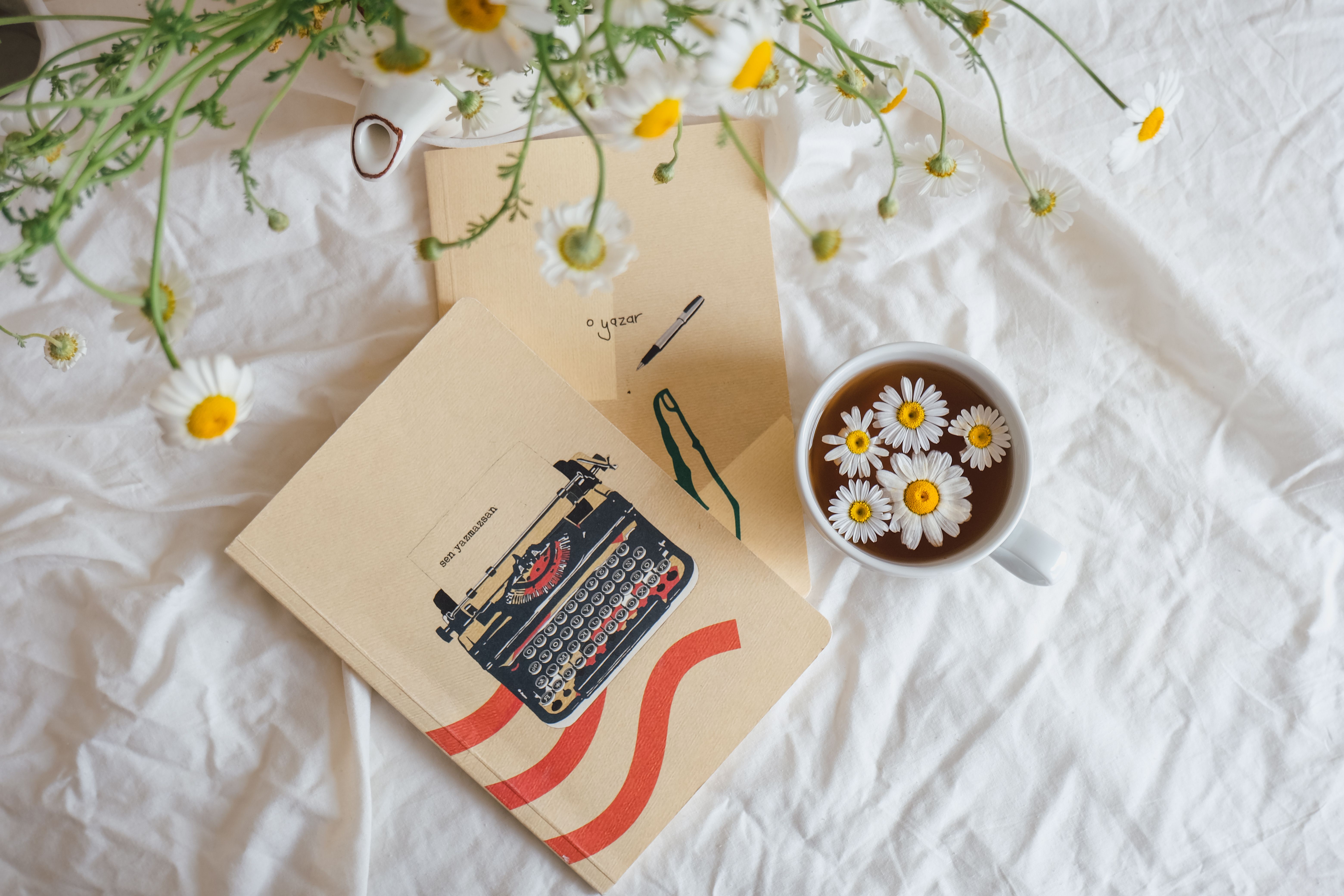 Cozy arrangement of chamomile flowers in tea with notebooks on a soft white background.