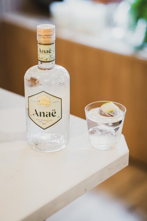 Free Photo of a Glass of Gin and a Bottle on the Table Stock Photo