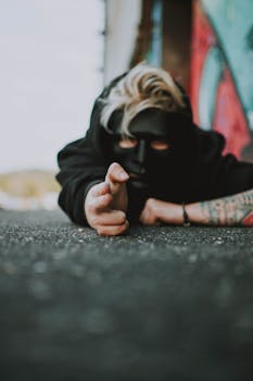 A person wearing a black mask lying on the ground, reaching forward with a tattooed arm.