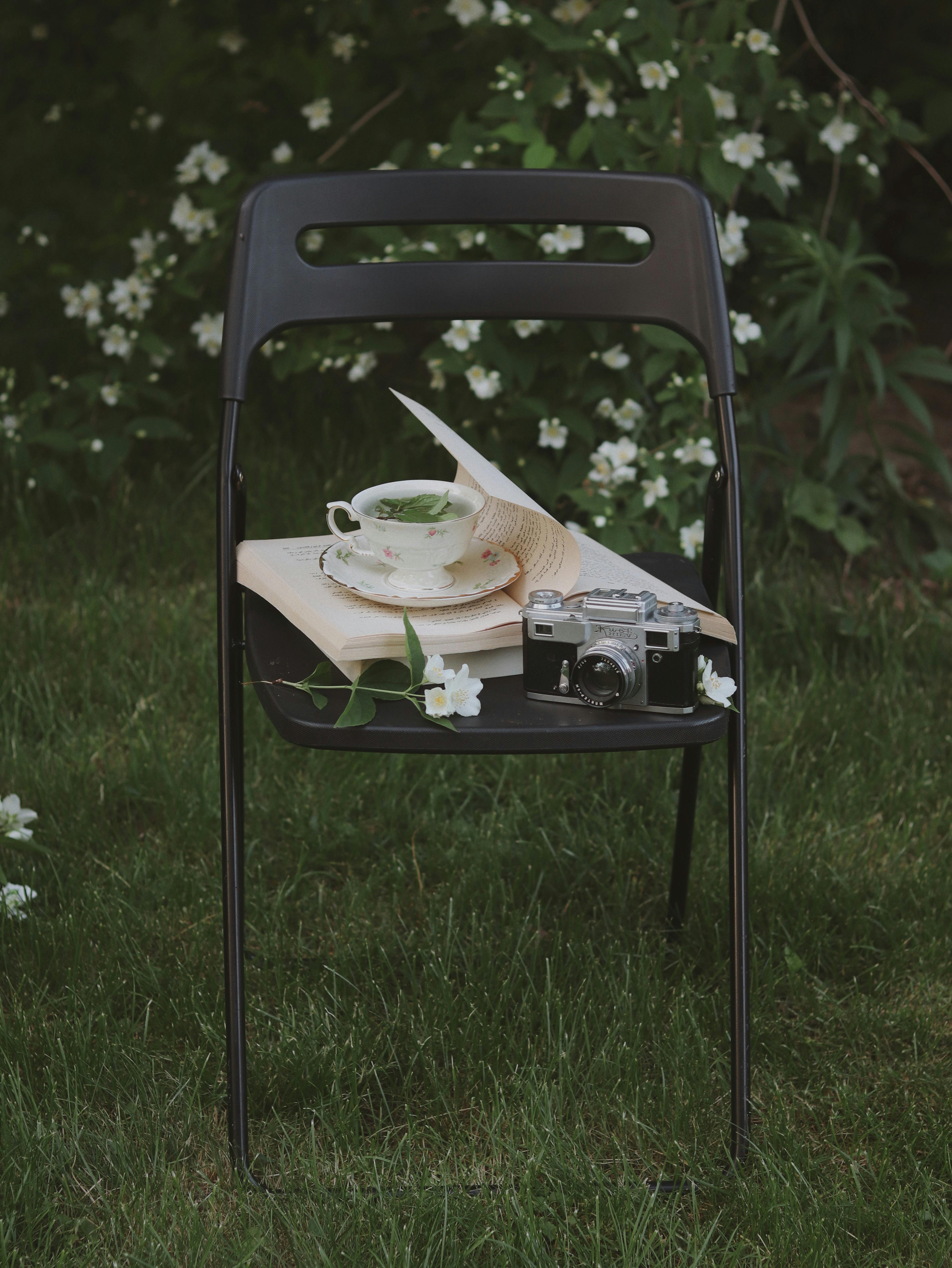 A nostalgic setup of a vintage camera and tea cup on a chair in a garden scene.