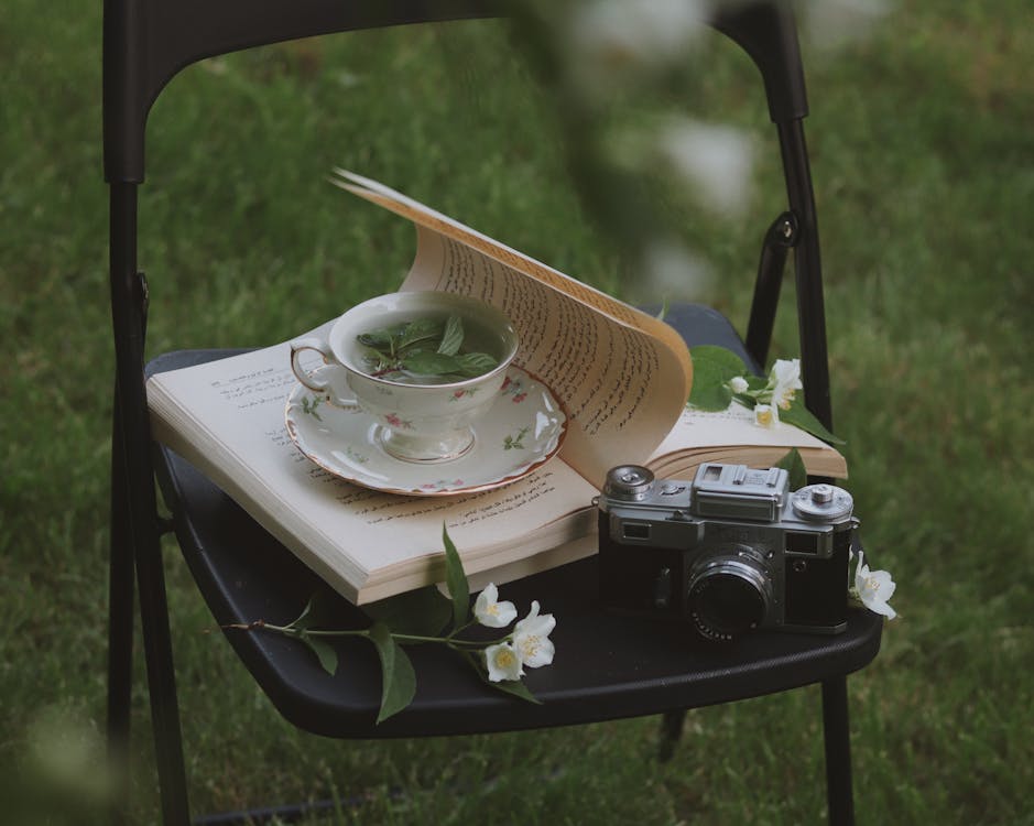 Book, Camera, Cup and Flowers on Chair