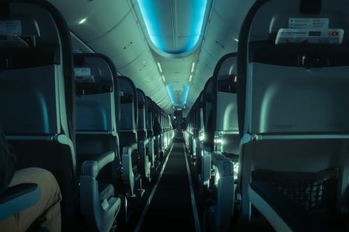 Free Symmetrical View of Alley and Seats in a Modern Airplane  Stock Photo