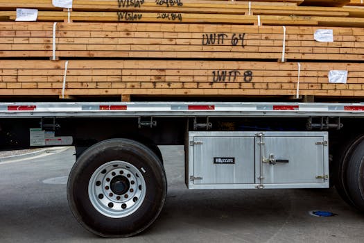 A large stack of wooden planks loaded onto an industrial trailer in an outdoor setting.