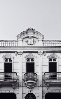 Black and white image of ornate colonial facade in Arequipa, Peru.