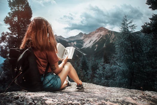 A woman reading a book on a rock amidst the scenic mountains and forests of Névache, France.