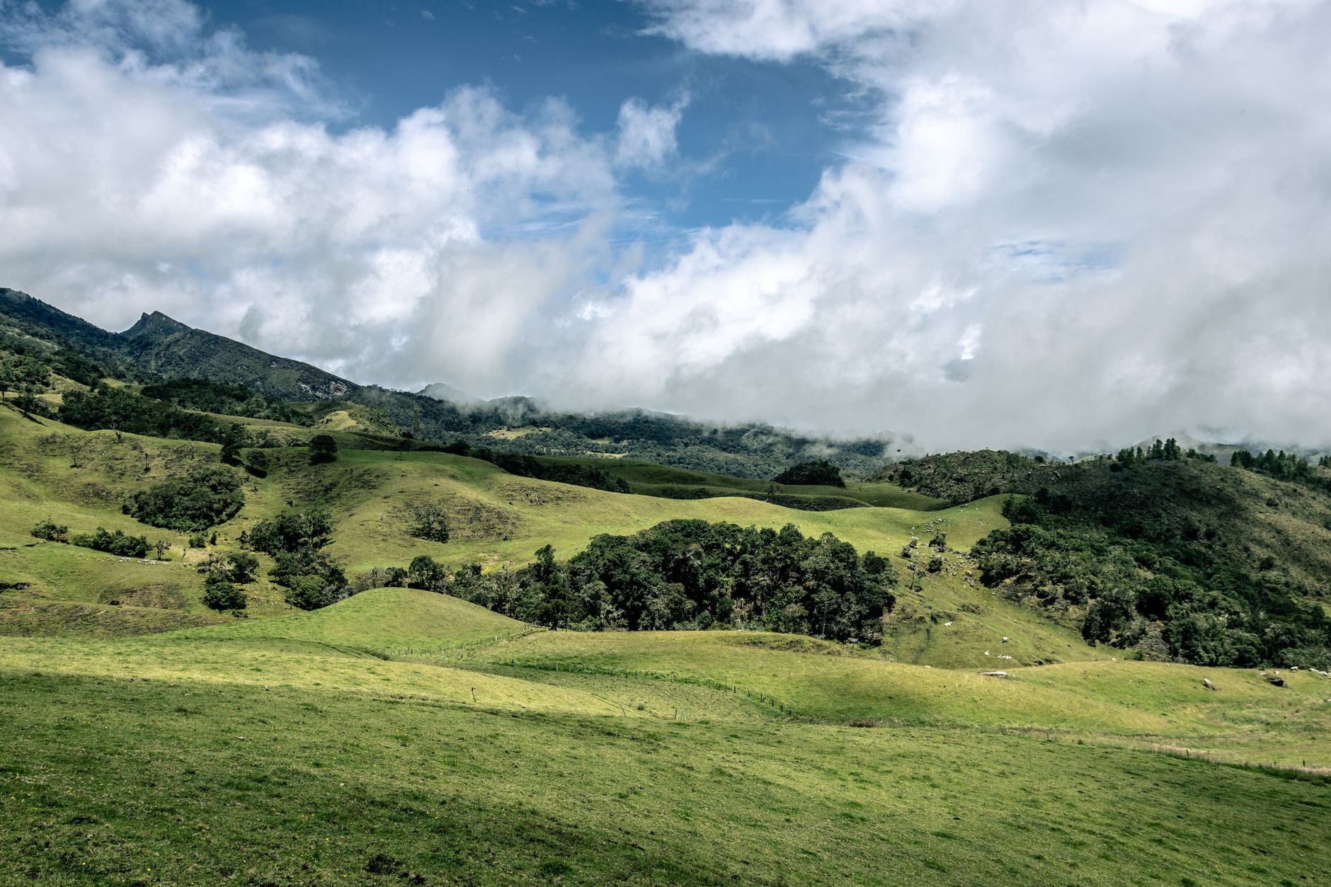Lush green hills under a cloudy sky in Manta, Colombia.