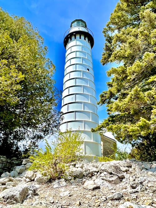 Foto profissional grátis de árvores, céu azul claro, farol