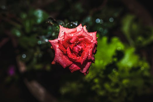 A close-up of a vibrant red rose with water droplets, symbolizing natural beauty and freshness.