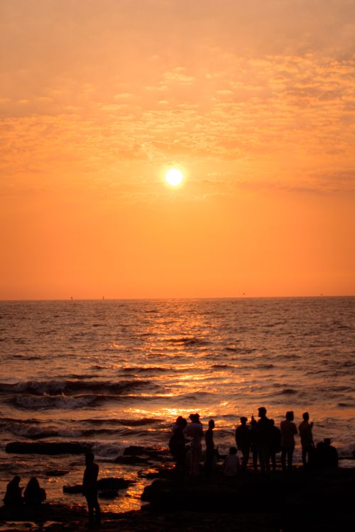 Free Group of people silhouetted against a vibrant orange sunset by the sea. Stock Photo