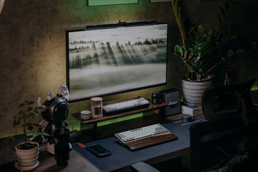 A cozy home office desk setup featuring a computer monitor, keyboard, and indoor plants.