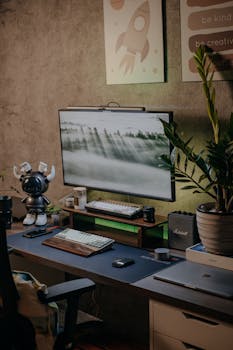 Stylish home office desk with monitor, plants, and creative decor