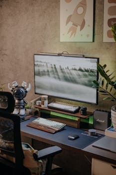 Stylish home office setup with computer, keyboard, and tech gadgets on a desk.