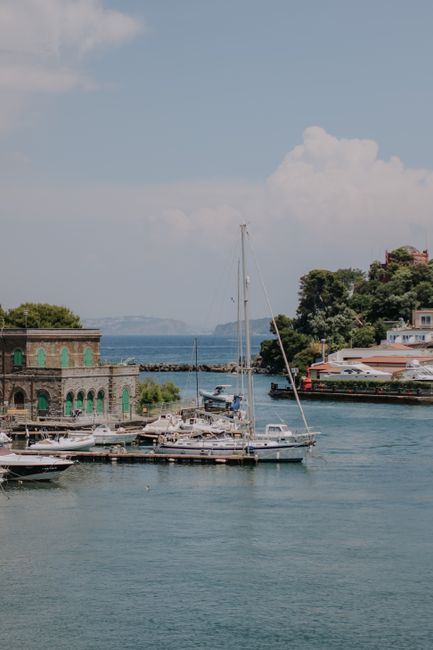 A peaceful marina scene with sailboats moored under a clear summer sky.