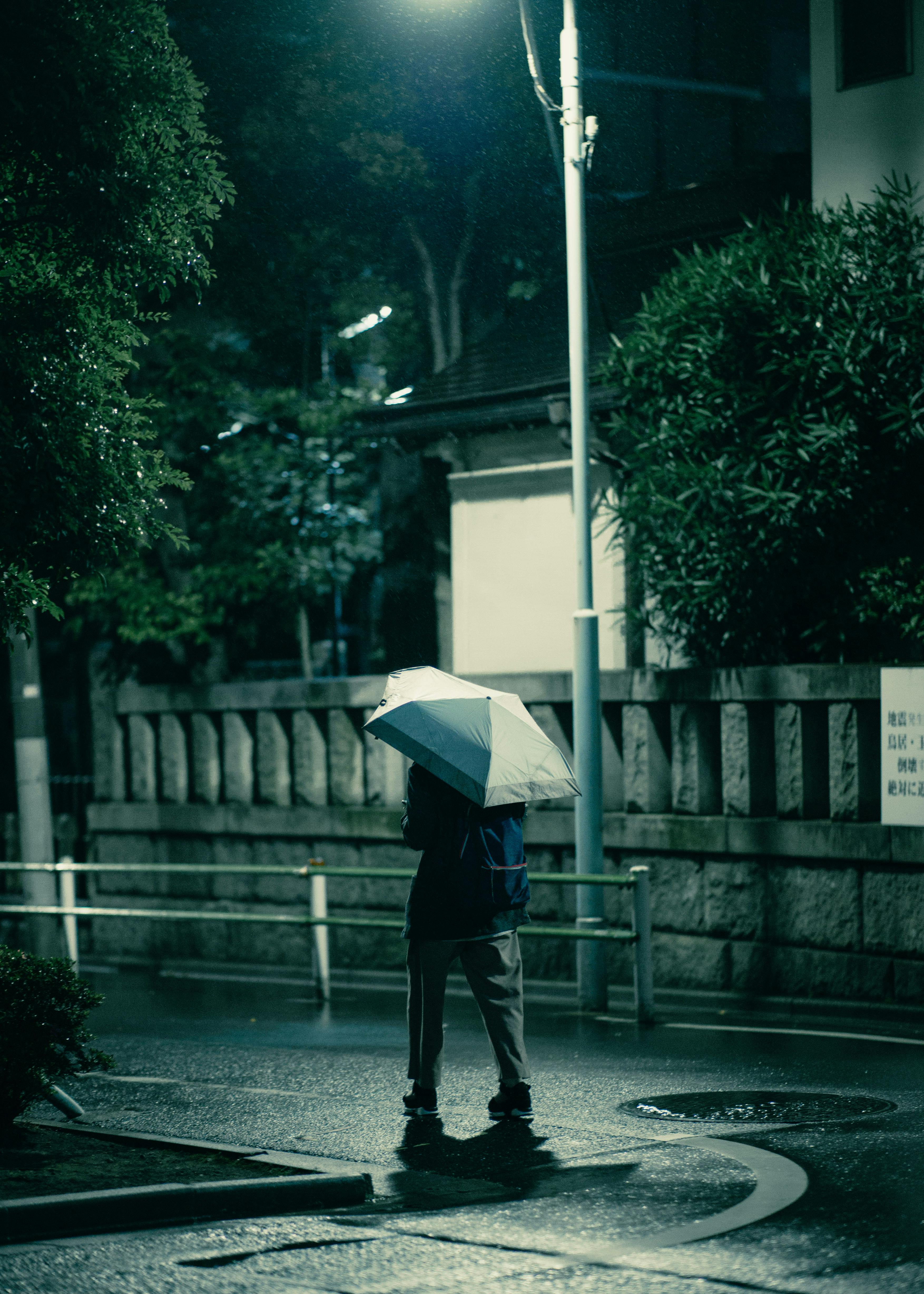 A solitary man stands under a streetlight, holding an umbrella in a dimly lit city street.