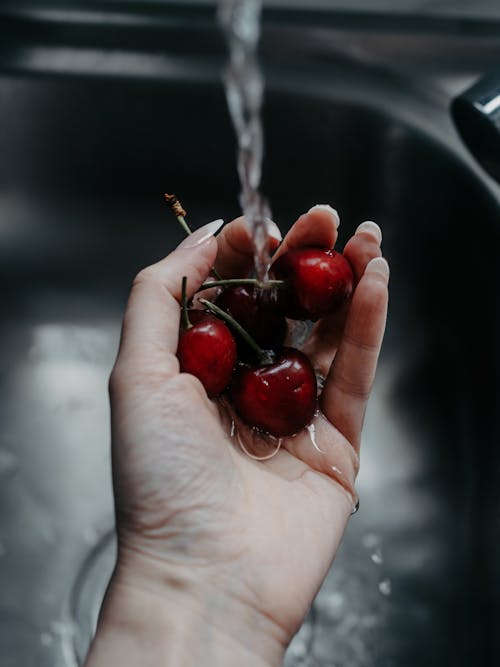 Hand of a Woman Washing Cherries under a Faucet
