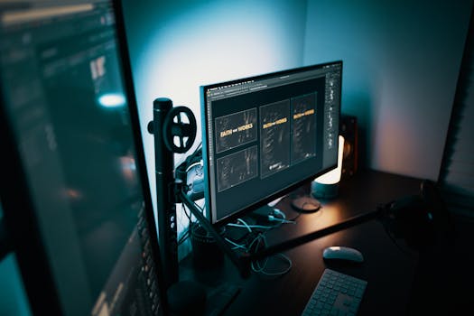 光线昏暗的房间里，时尚的现代工作空间配备了双显示器，用于显示设计软件