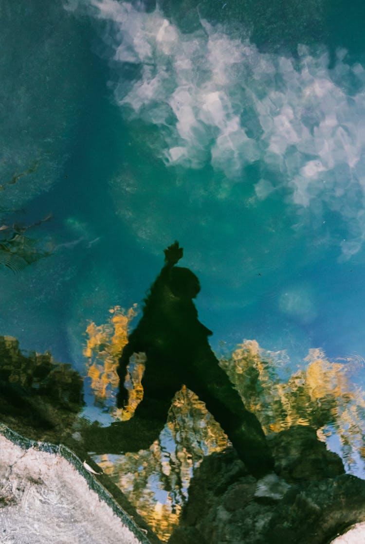 Silhouetted Reflection Of A Woman Jumping On The Rocks In A River Water Surface 