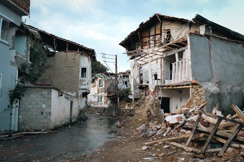 Destroyed Buildings and Houses in Town in Turkey after Earthquake