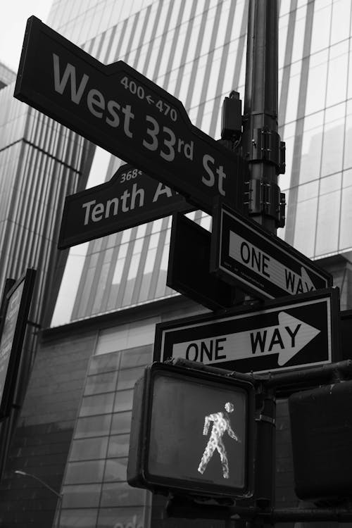 Pedestrian Light and Boards on Pole in New York