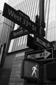 Street signs and pedestrian lights in black and white on West 33rd Street and Tenth Avenue in NYC.