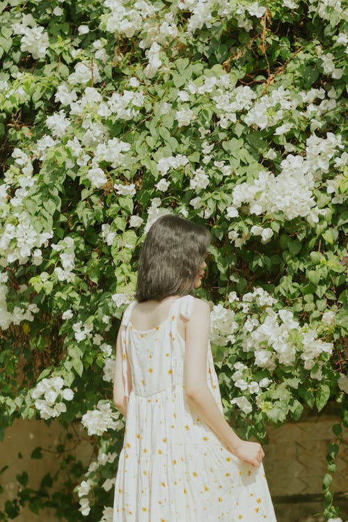 Woman in White Dress Standing near Bush with Flowers