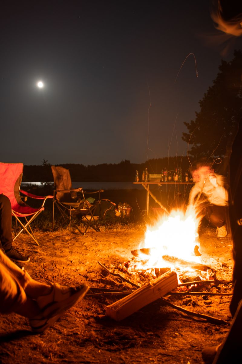 Feu de camp en pleine nature au camping, nuit étoilée