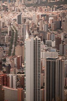 Skyline view of modern skyscrapers in Benidorm, Spain, showcasing urban architecture.