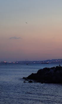 Serene seascape at sunrise with city lights glistening over calm waters.