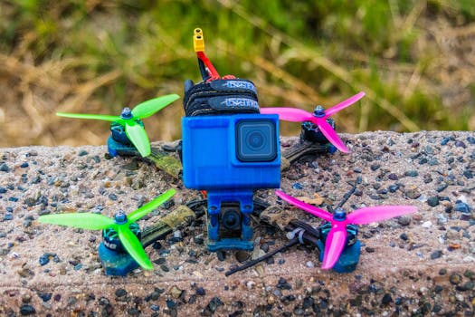 Colorful drone with camera positioned on a pebbled surface, ready for takeoff.
