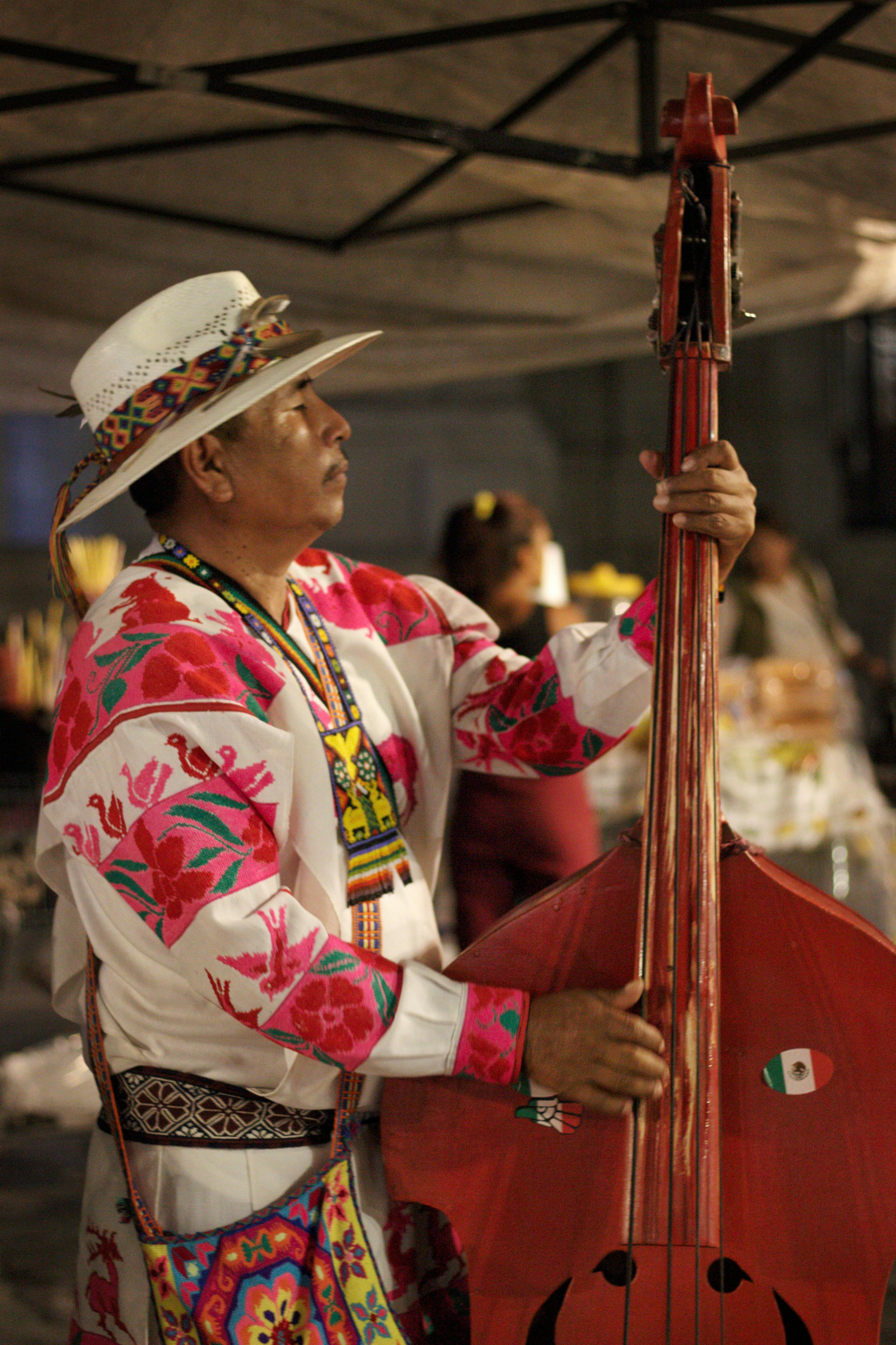 Musician in vibrant traditional clothing plays double bass outside at night.