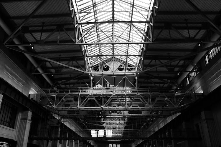 Black And White Picture Of The Interior Of The Battersea Power Station In London, England, United Kingdom