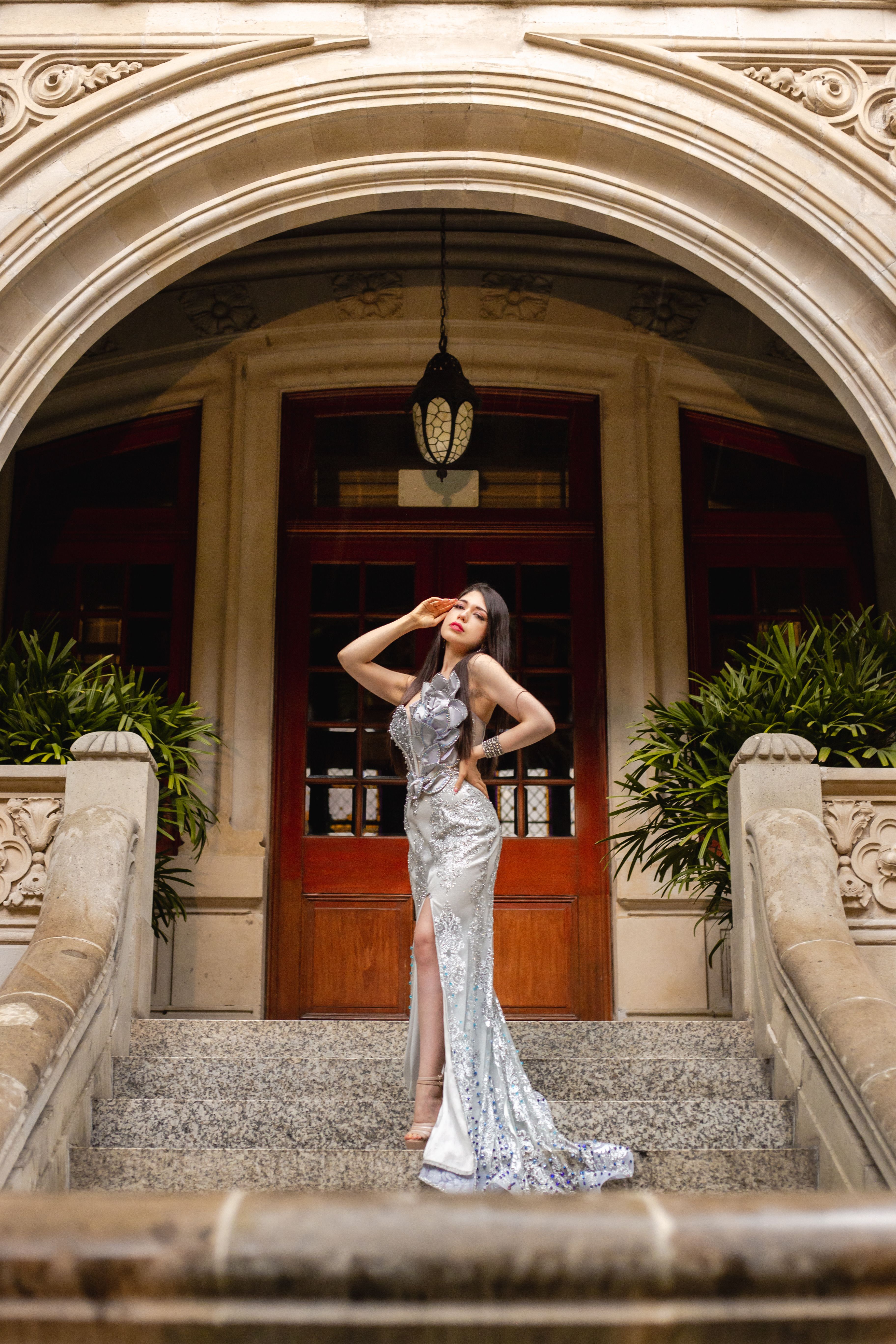 Woman in Gray Dress Standing on Stairs · Free Stock Photo