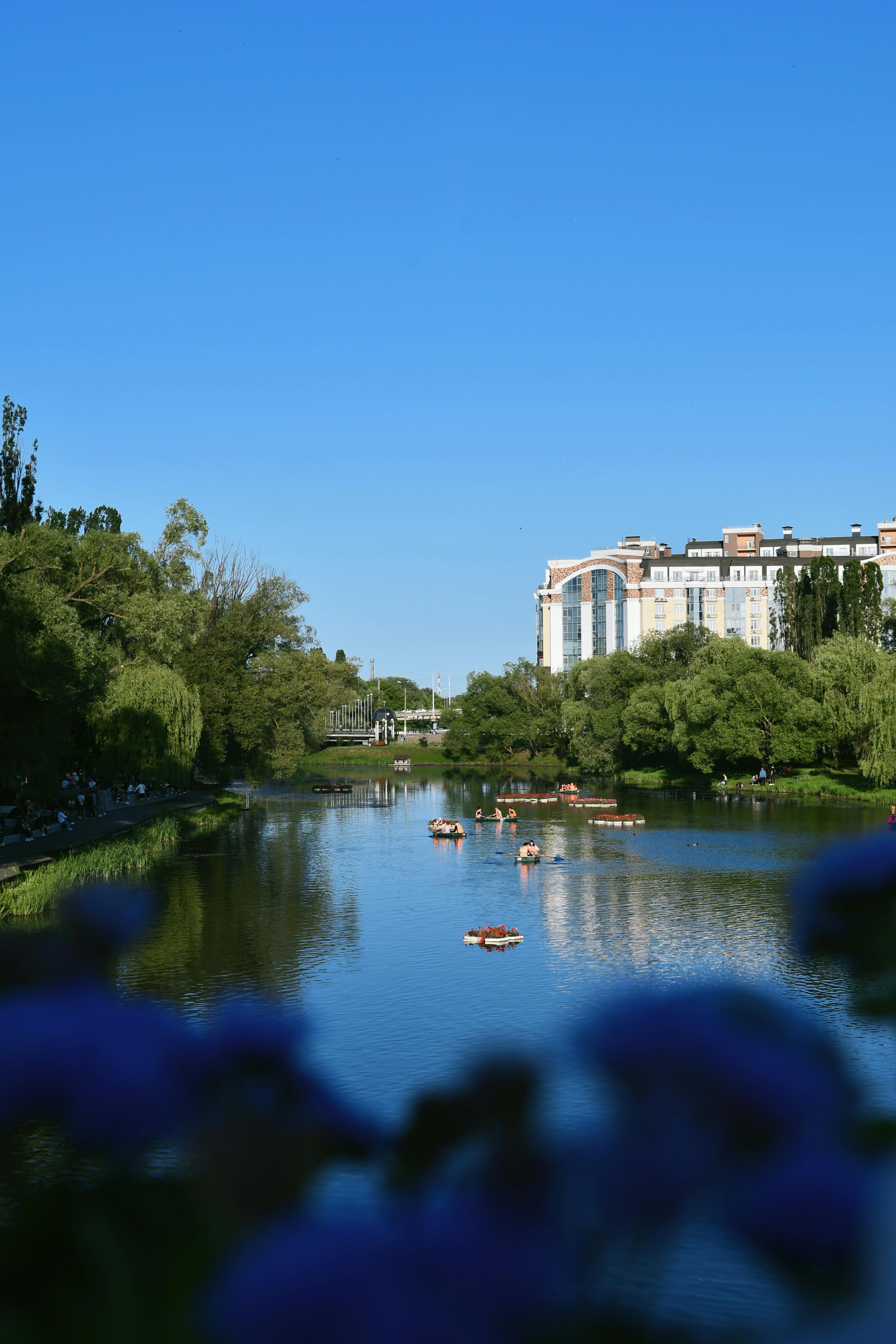 Serene river view with boats and lush trees under a clear blue sky in an urban setting.