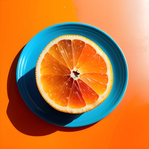 A Blue Orange Sliced In Half Laying On A Blue Floor In Front Of A Blue Wall