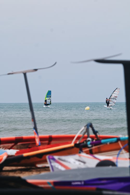 A group of windsurfers on the beach