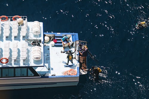 A boat with people on it and a diving suit