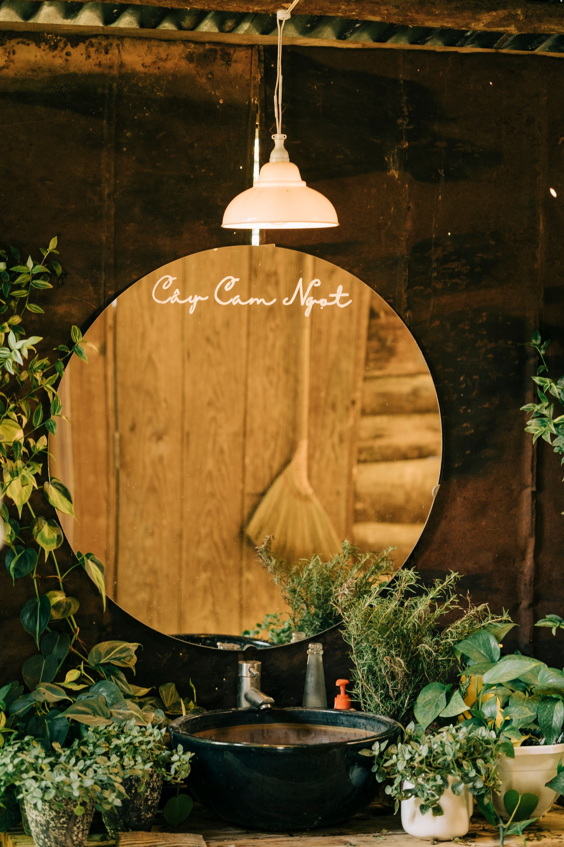 Earthy bathroom with round mirror, hanging lamp, wood backdrop and potted plants