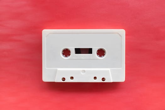 A vintage white cassette tape isolated on a vibrant red backdrop.