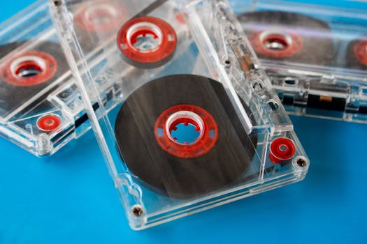 Close-up of vintage transparent audio cassettes with red reels on a bright blue background.
