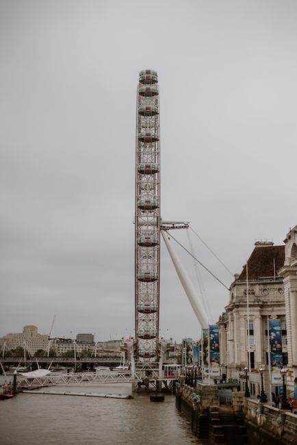 View of the London Eye Ferris wheel by the River Thames on a cloudy day.
