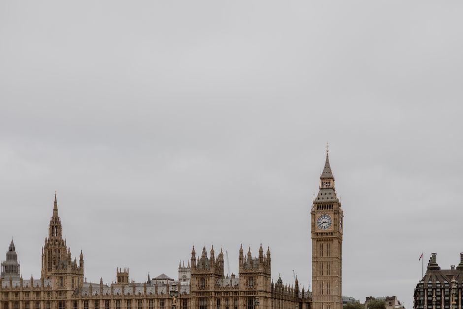 Big Ben and Westminster Palace in London on a cloudy day. Iconic London landmark.