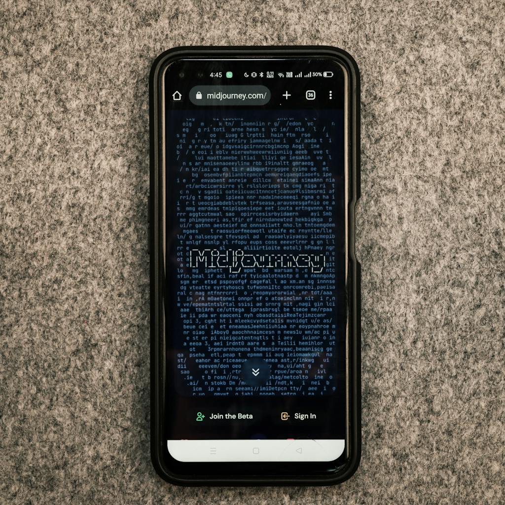 Smartphone screen displaying a website, Midjourney, with text.