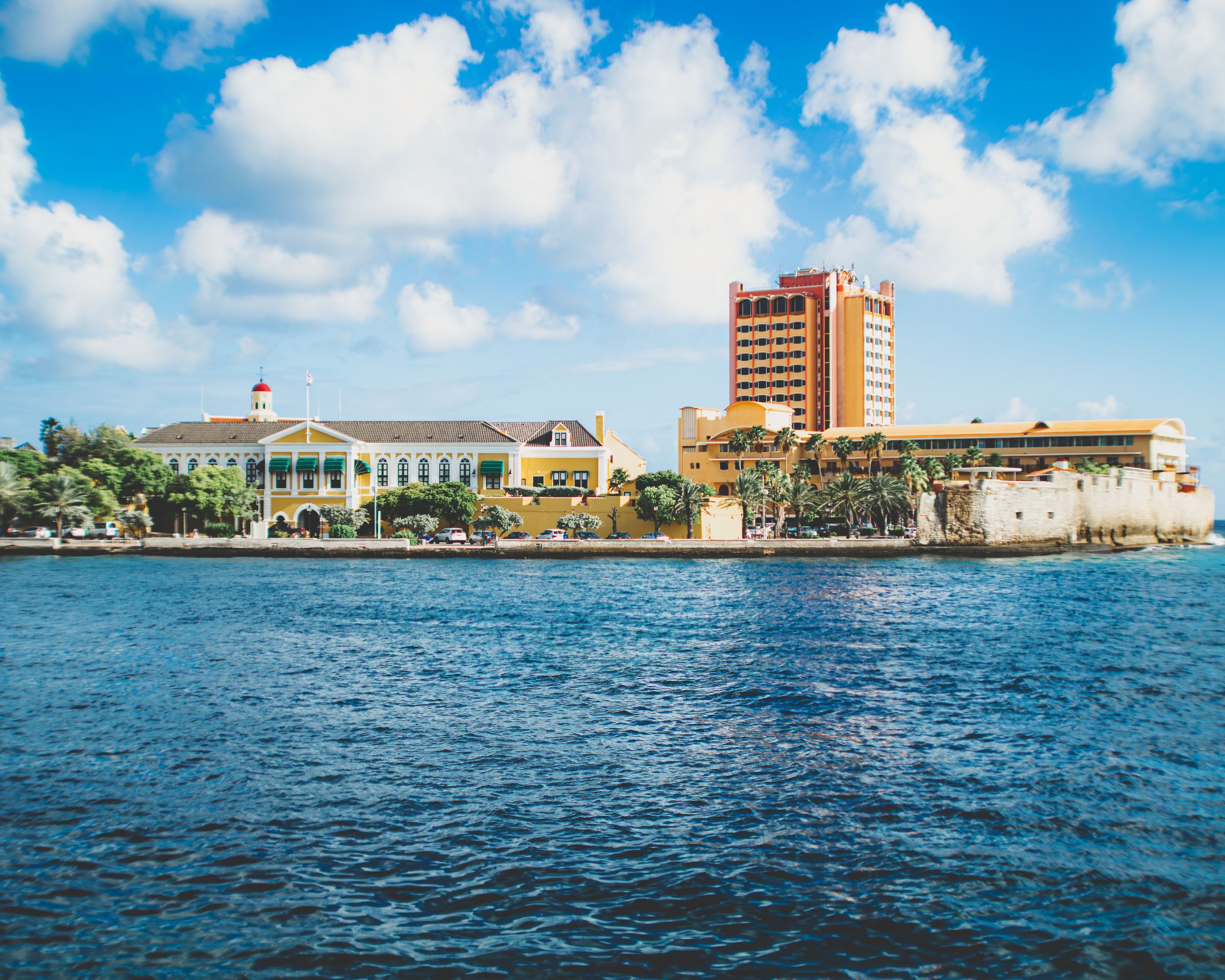 Willemstad's colorful Curaçao waterfront photographed beside the Caribbean Sea